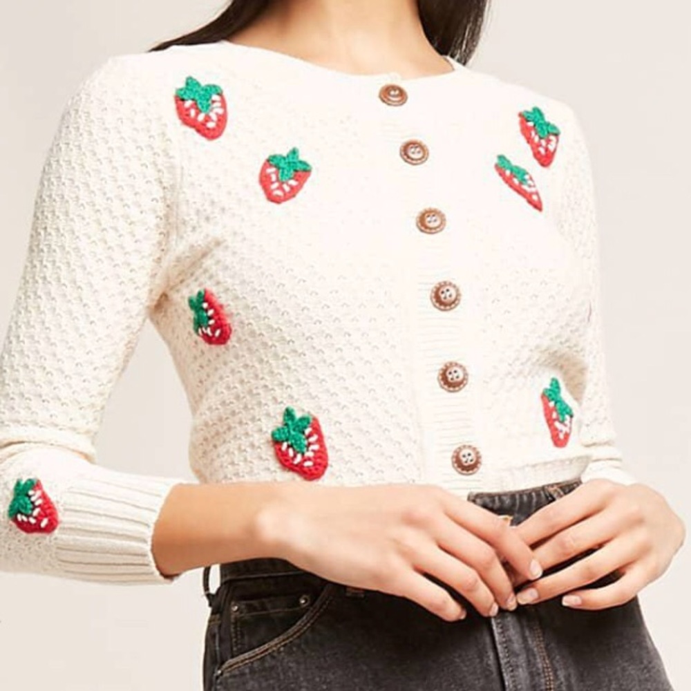 Strawberry Appliqué Knit Cardigan